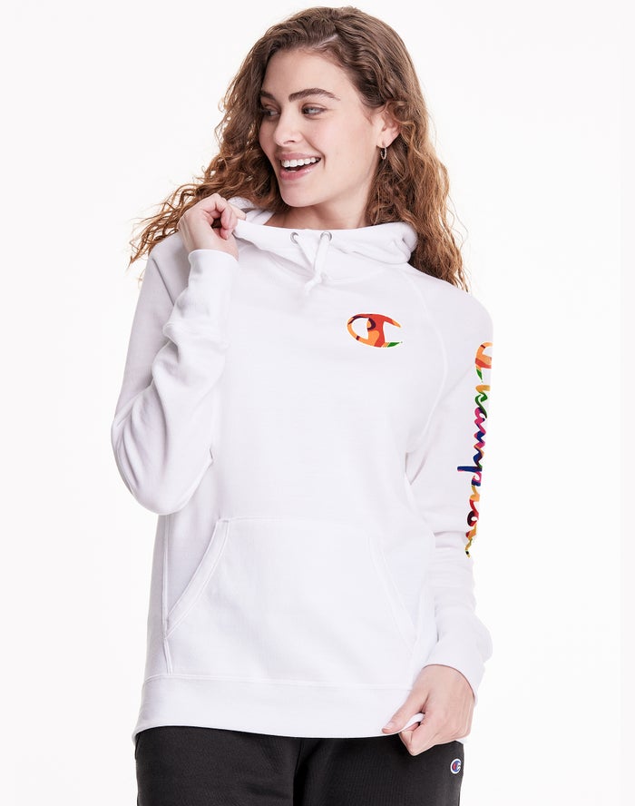 Champion Womens Hoodie NZ - Powerblend Fleece Liquid Filled C And Script Logo White ( 4725-OEBTA )